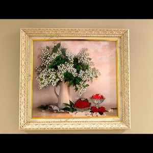 «White lilac” beaded embroidery on silk 16 x 15